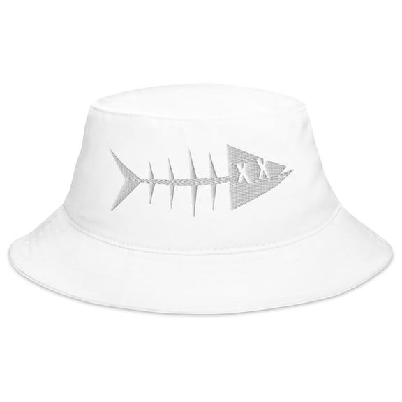 Clishirt Adult Unisex Embroidered White Fish Cotton White Bucket Hat