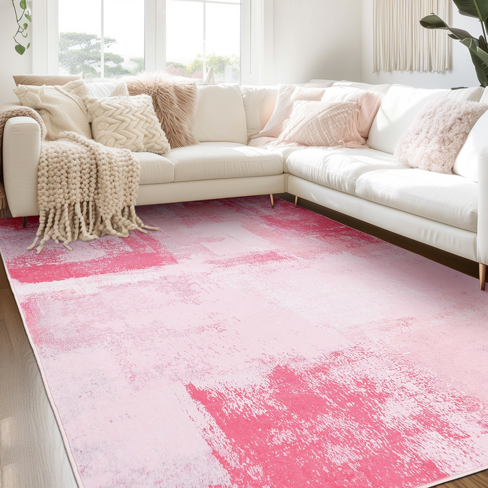 SPRINDAY Abstract Area Rug for living room, Low-Pile 5'x7' Rugs with Non-Slip Backing, Pink Carpet
