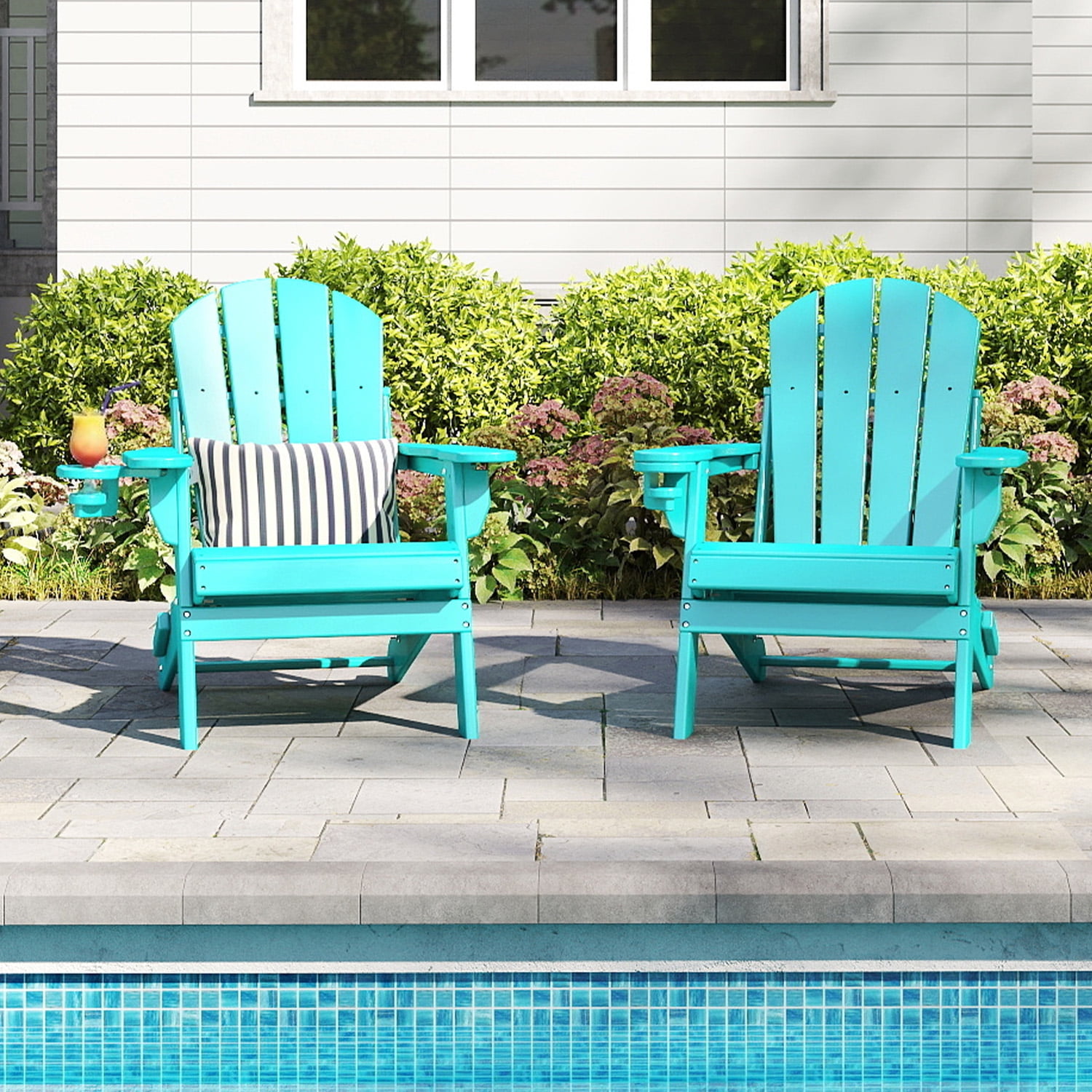FODINGHILL Outdoor Folding Adirondack Chair set of 2, HDPE All Weather Patio Chair with Cup Holder for Deck Backyard Garden, Aqua