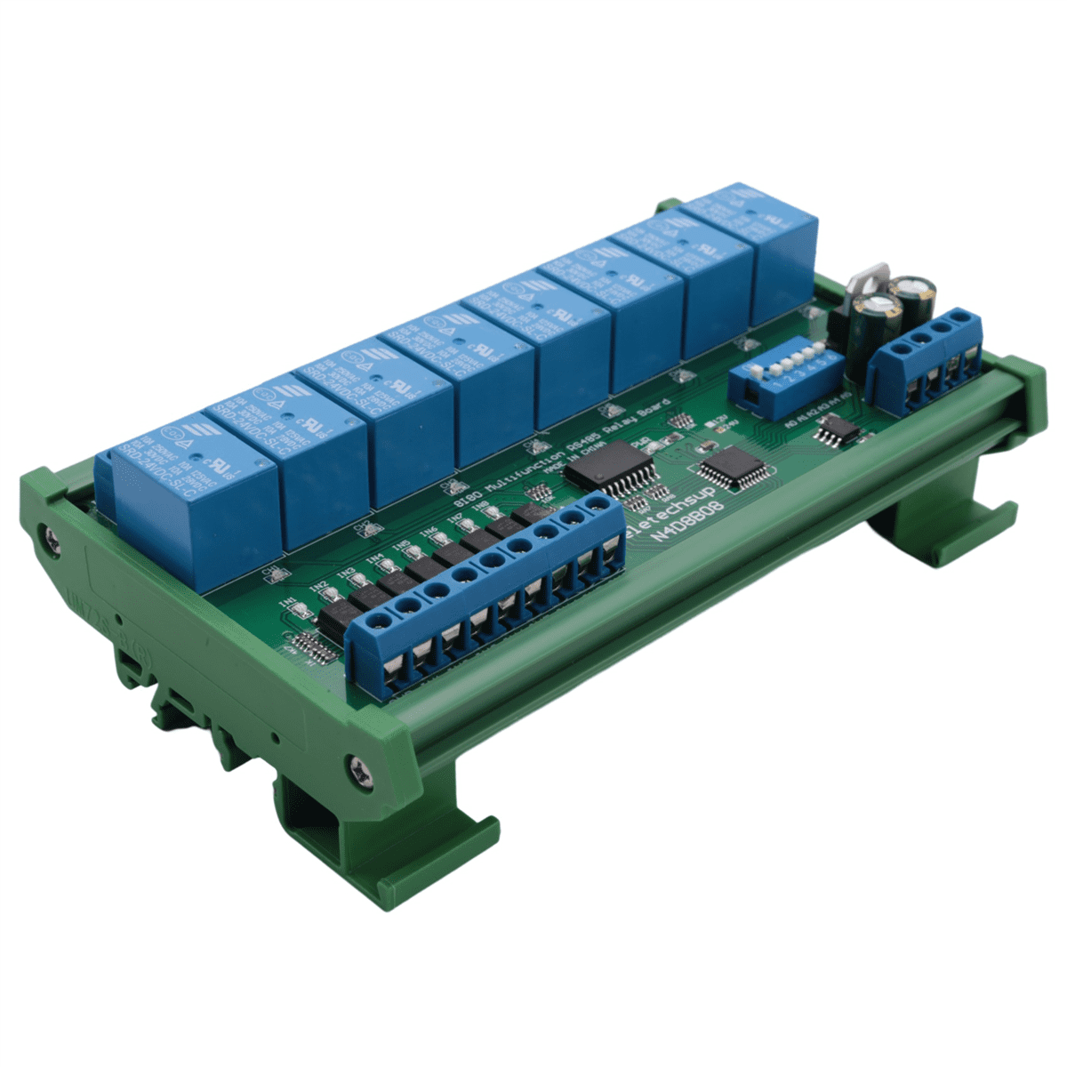 DC 24V 8 Ch RS485 Relay Board Modbus RTU UART Remote Control Switch DIN35 Rail Box for PLC Automation Control,1 * 8 input 8 output DIN rail RS485 controller module,green