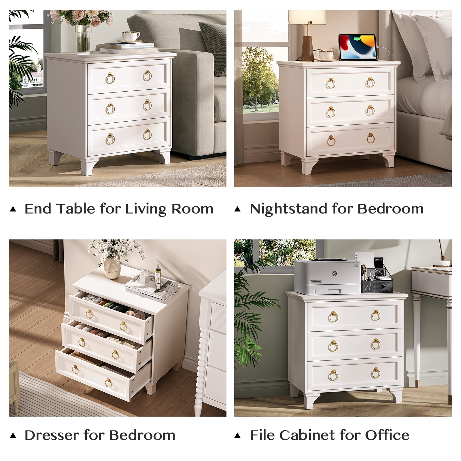 JOINICE Nightstand Set of 2 with 3 Drawers, Wood Bedside Table Night Stand with Charging Station, Sofa Side End Table for Bedroom, Living Room, White