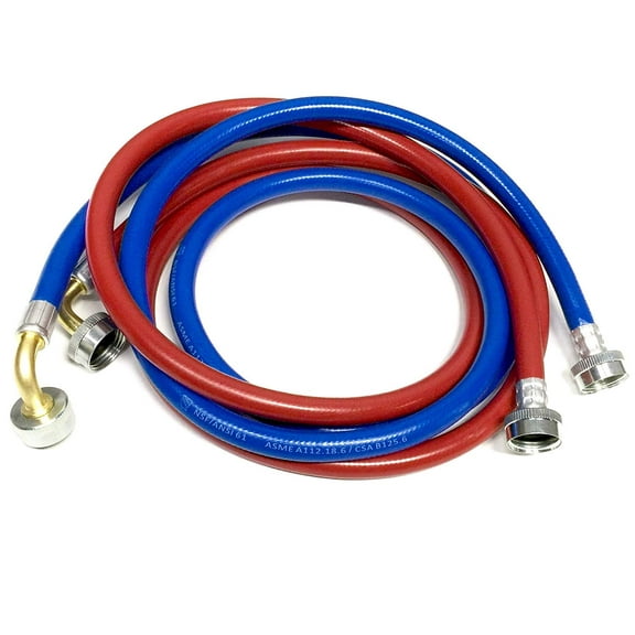 2-Pack PVC and Inside Nylon Braided Premium Washing Machine Hoses - 6 FT No-Lead Burst Proof Red and Blue Colored Water Inlet Supply Lines - Universal 90 Degree Elbow Connection