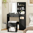 thumbnail image 3 of Patiojoy Vanity Desk with Mirror & Lights Makeup Dressing Table w/Cushioned Storage Stool & Power Outlets Black, 3 of 10