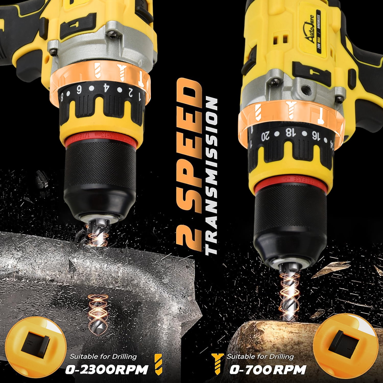 Hammer Drill Compatible with Dewalt 20V Max Battery (No Battery) Cordless Drill/Driver with Brushless Motor, 1/2" Keyless Metal Chuck,for Drilling Brick Wall, Metal, Wood, Screws (Yellow)