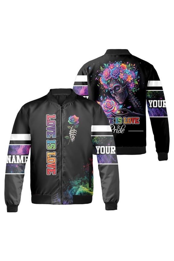 Custom Name Love Is Love Pride Bomber Jacket, Floral Sugar Skull and Rainbow Rose Graphic, LGBT Pride Month Black Zip Up Jacket