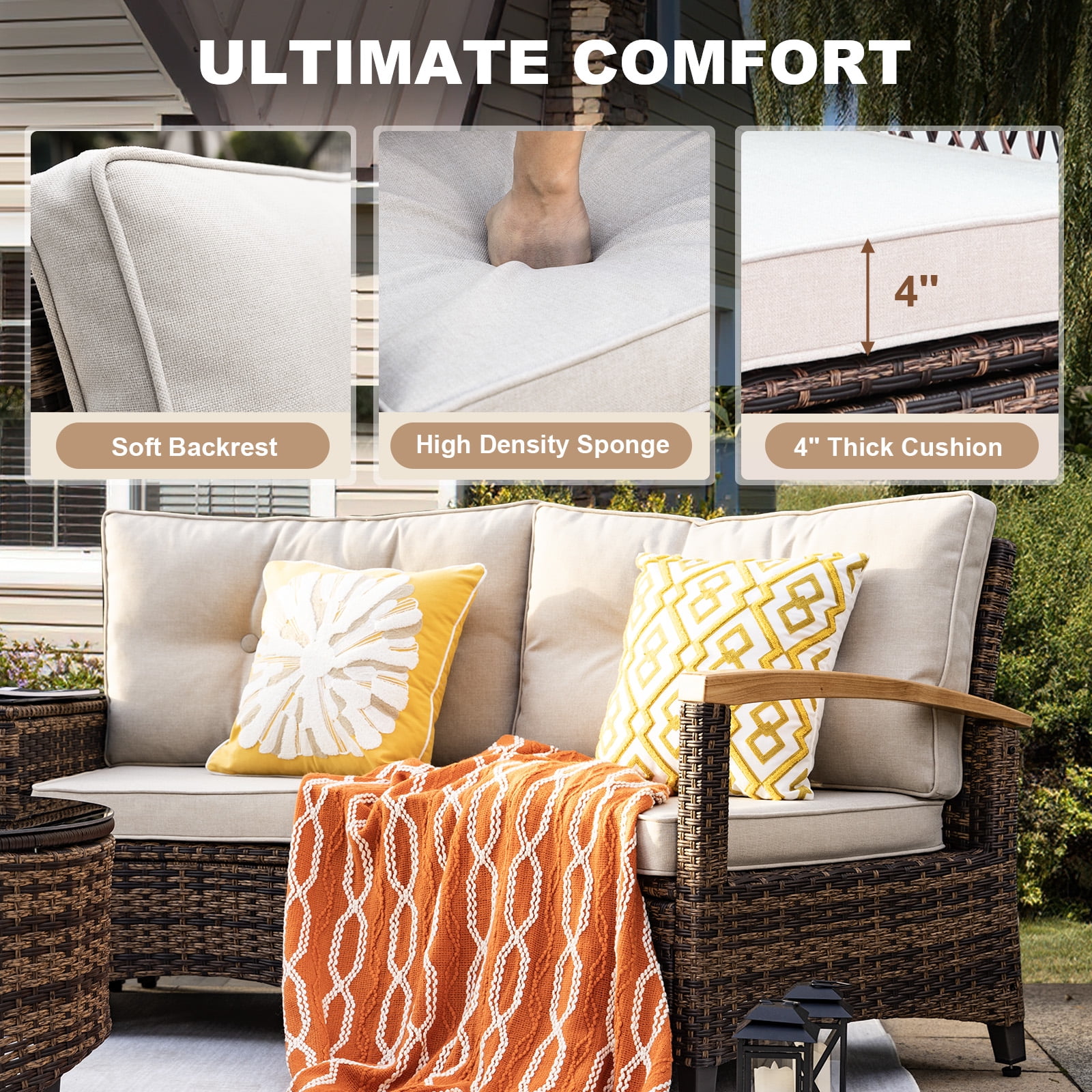 MEISSALIVVE 8 Piece Outdoor Patio Furniture Set, Half-Moon Curved Rattan Conversation Set with Wood Armrest, 2 Ottoman, Coffee Table & Side Table(Beige)
