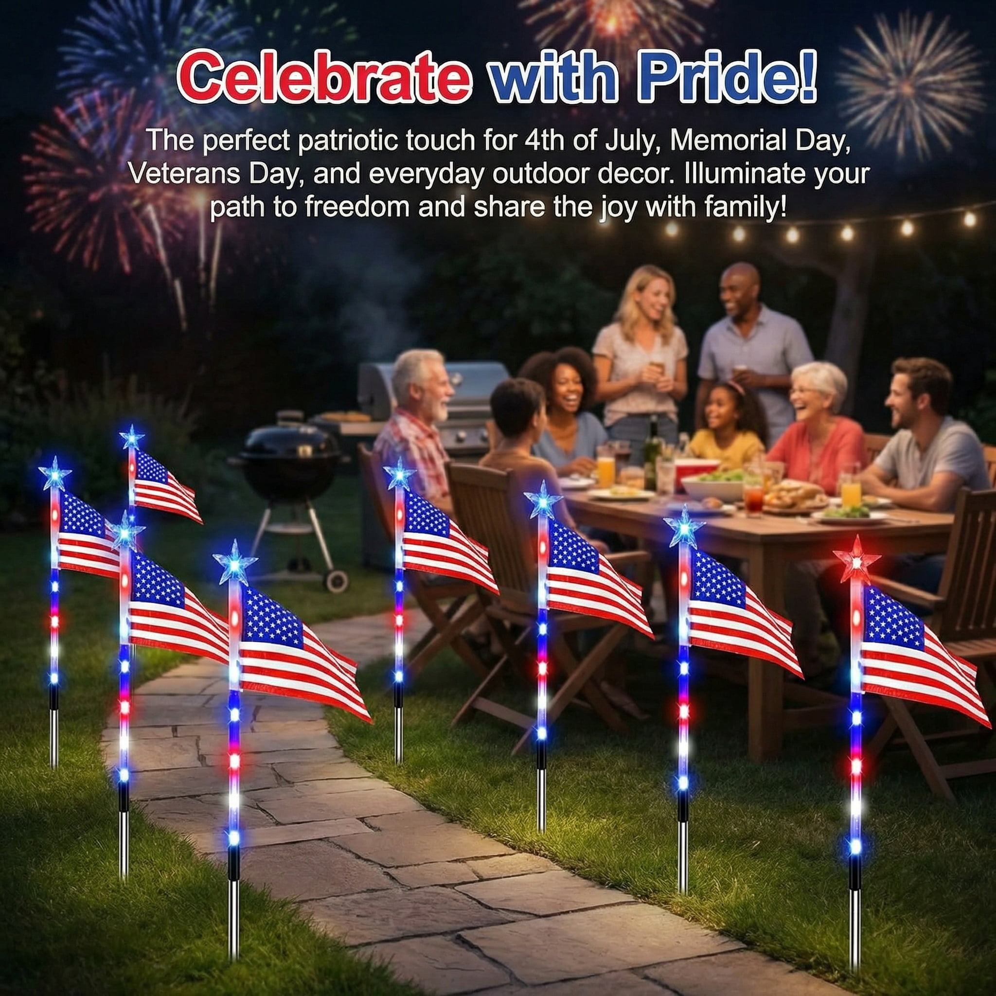 8 Patriotic Solar Flag Lights with 8 Lighting Modes, Solar American Flag Lights Outdoor - Perfect 4th of July Decorations