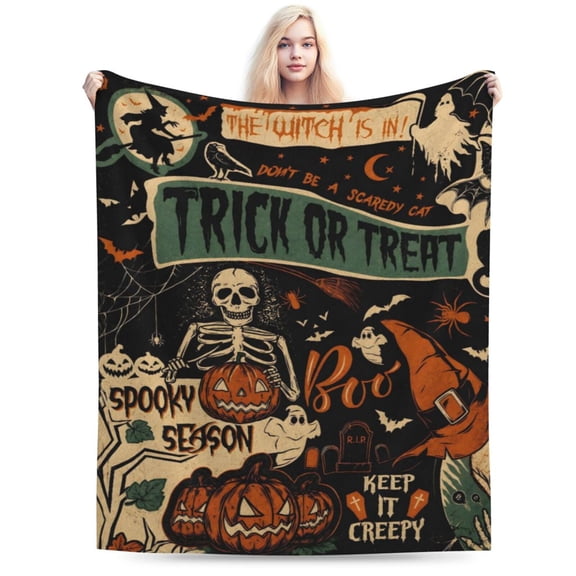 Halloween Flannel Blanket Ghost Skeleton Cozy Fuzzy Warm Throw Blanket Vintage Scary Halloween Themed Print for Winter Couch Sofa Bed Home Decor 50x40