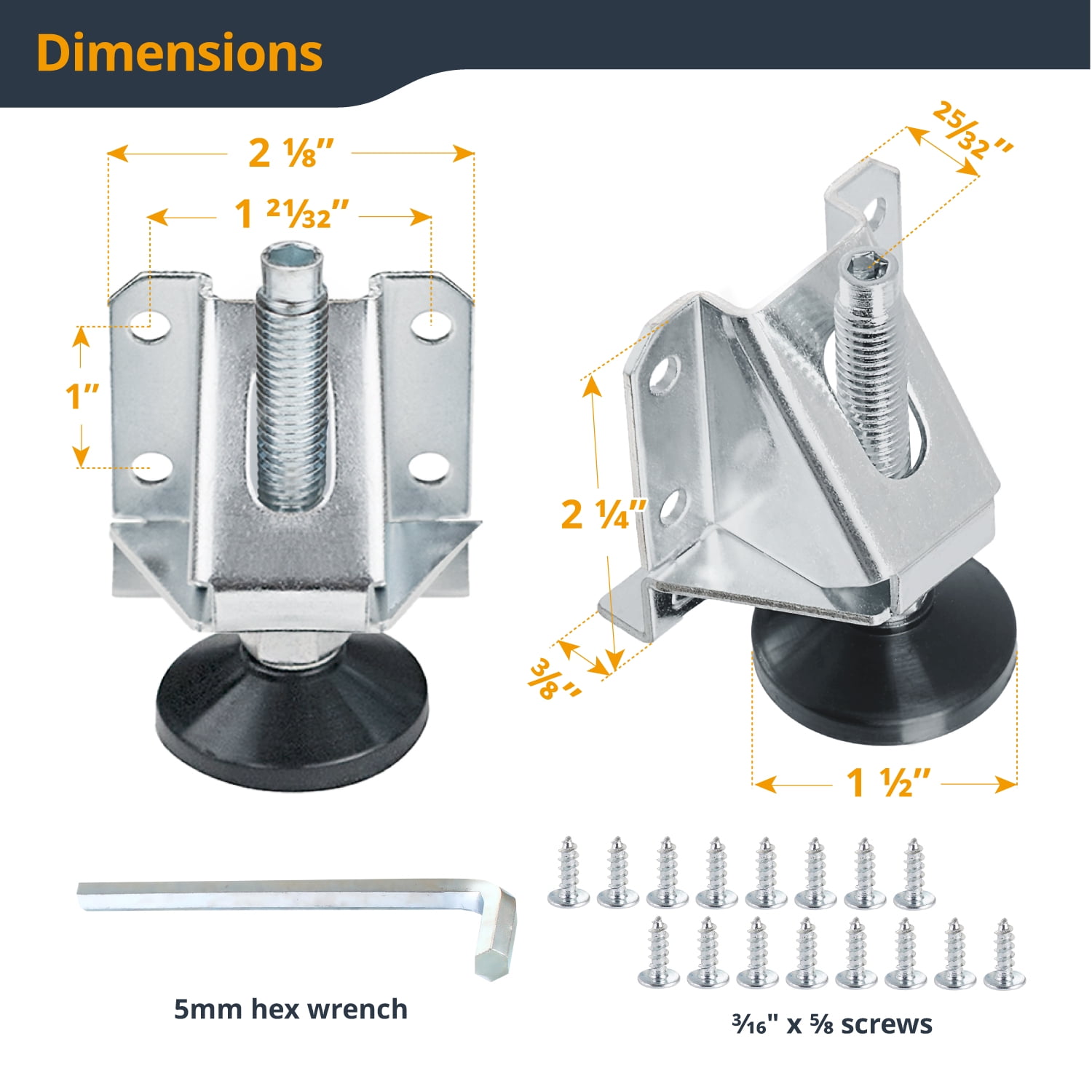 POWERTEC 4PK Leveling Feet Heavy Duty Adjustable Furniture Leg Levelers with Nylon Foot, Screws & Lock Nuts for Workbenches, Cabinets, Tables & Shelving (71136)