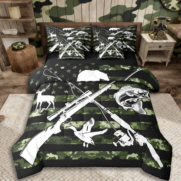 Erosebridal Teens Camo American Flag Twin Bedding Sets 7-Piece,Adults Fishing And Hunting Mallard Duck Big Bass Fish Bedding Comforter Set,Black Reversible