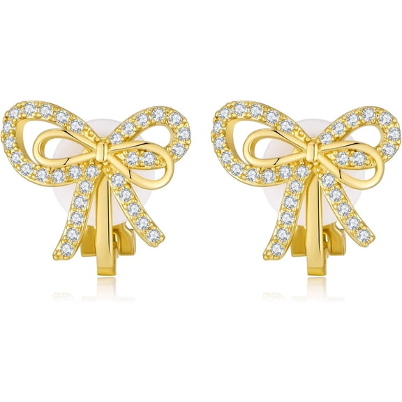 Gold Bow Cilp on Earrings Women Rhinestone Bow Clip Earrings Cute Clip Earrings Non Pierced Ears