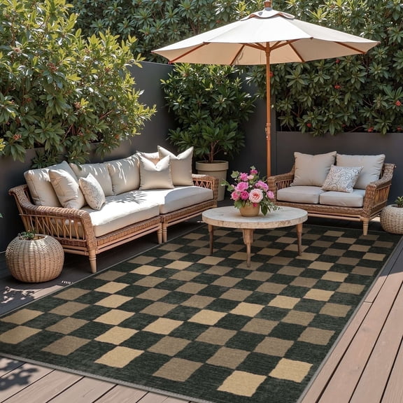 DEORAB Outdoor Rugs 8'X10' Chenille Patio Rug Three-Layer Material Imitation Silicone Spot Molding Camping Outside Rv Mat, Blue Black & Brown