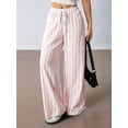 thumbnail image 4 of Women'S Striped High Waist Drawstring Wide Leg Loose Casual Trousers with Pockets Pink XS, 4 of 9