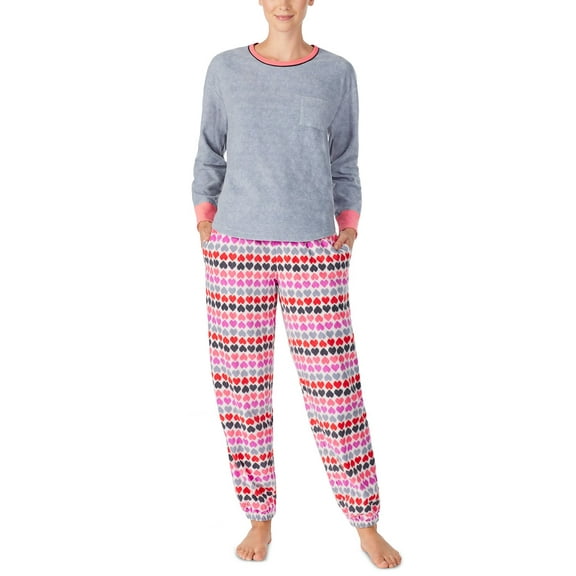 Cuddl Duds Printed Fleece Shirt & Jogger Pants Pajamas Set, Grey Print, Size Medium