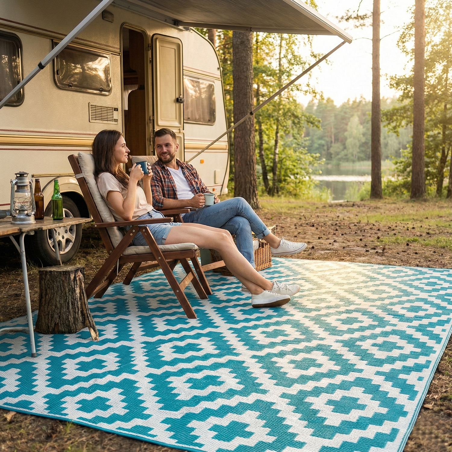 FH Home Outdoor Rug - Waterproof, Fade Resistant, Reversible - Premium Recycled Plastic - Geometric - Large Patio, Deck, Sunroom, RV, Camping - Aztec - Teal & White - 9 x 12 ft Foldable