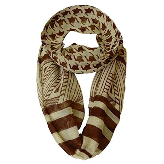 Peach Couture Light Tribal and Striped Houndstooth Sheer Infinity Loop Scarf (Brown & Tan)