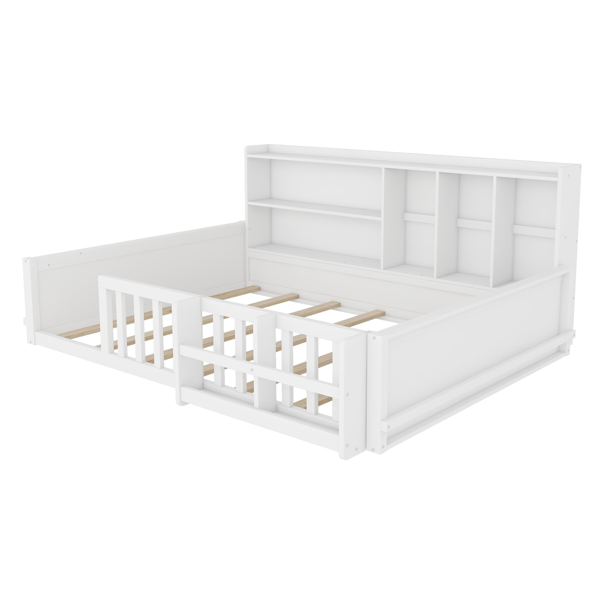 Mintazer Full Size Montessori Floor Bed with Bookshelf & Guardrails, Kids Platform Bed Frame with Storage Cubbies for Bedroom, White