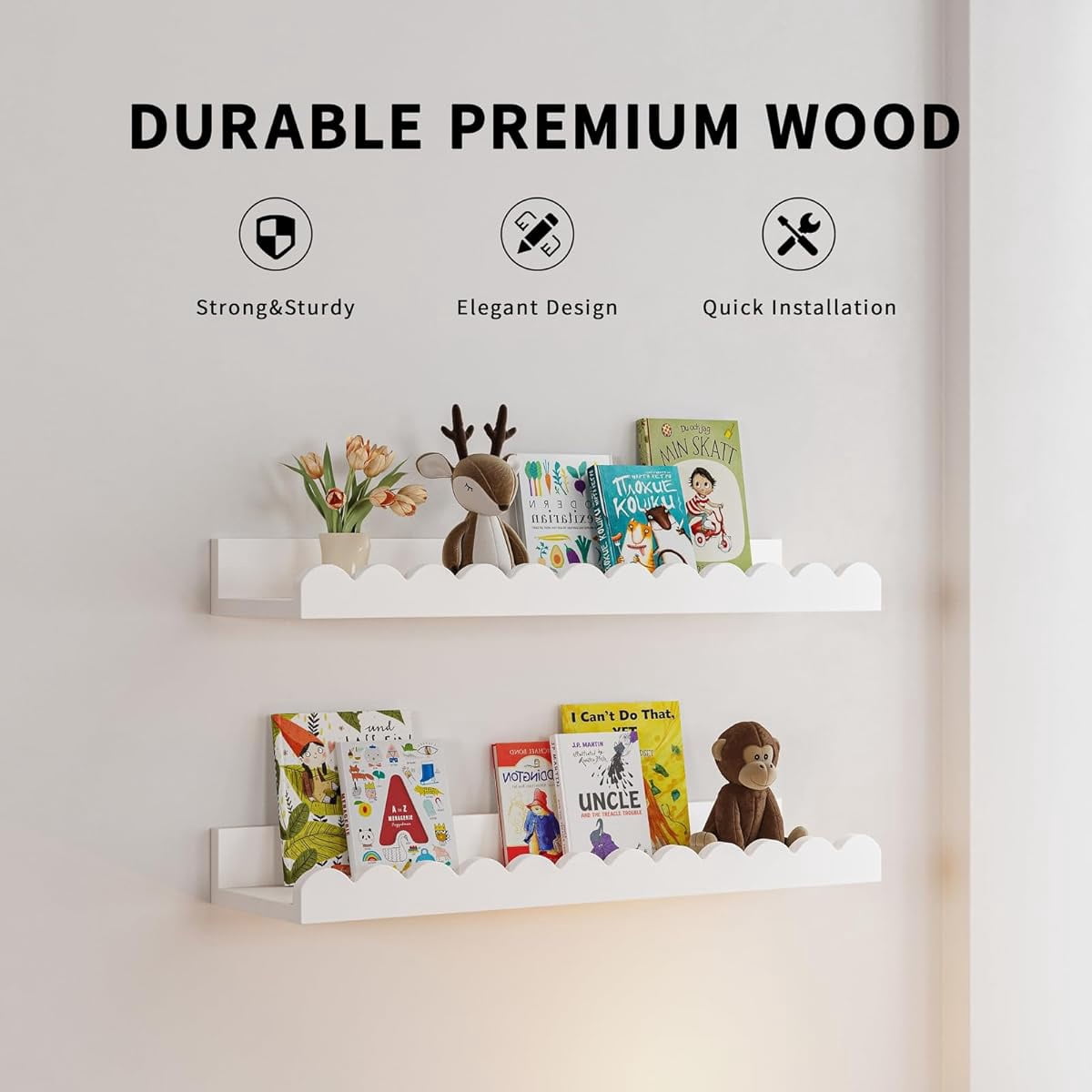 Book Shelves, 4-Pack White Floating Shelves for Wall, Scalloped Shelves, Wall Book Shelves for Bedroom