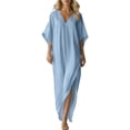 thumbnail image 2 of Guieoi Summer Dresses for Women under $10 Plus Size Linen-Cotton Loose-Fit Short-Sleeve Long Dress Blue XXL, 2 of 6
