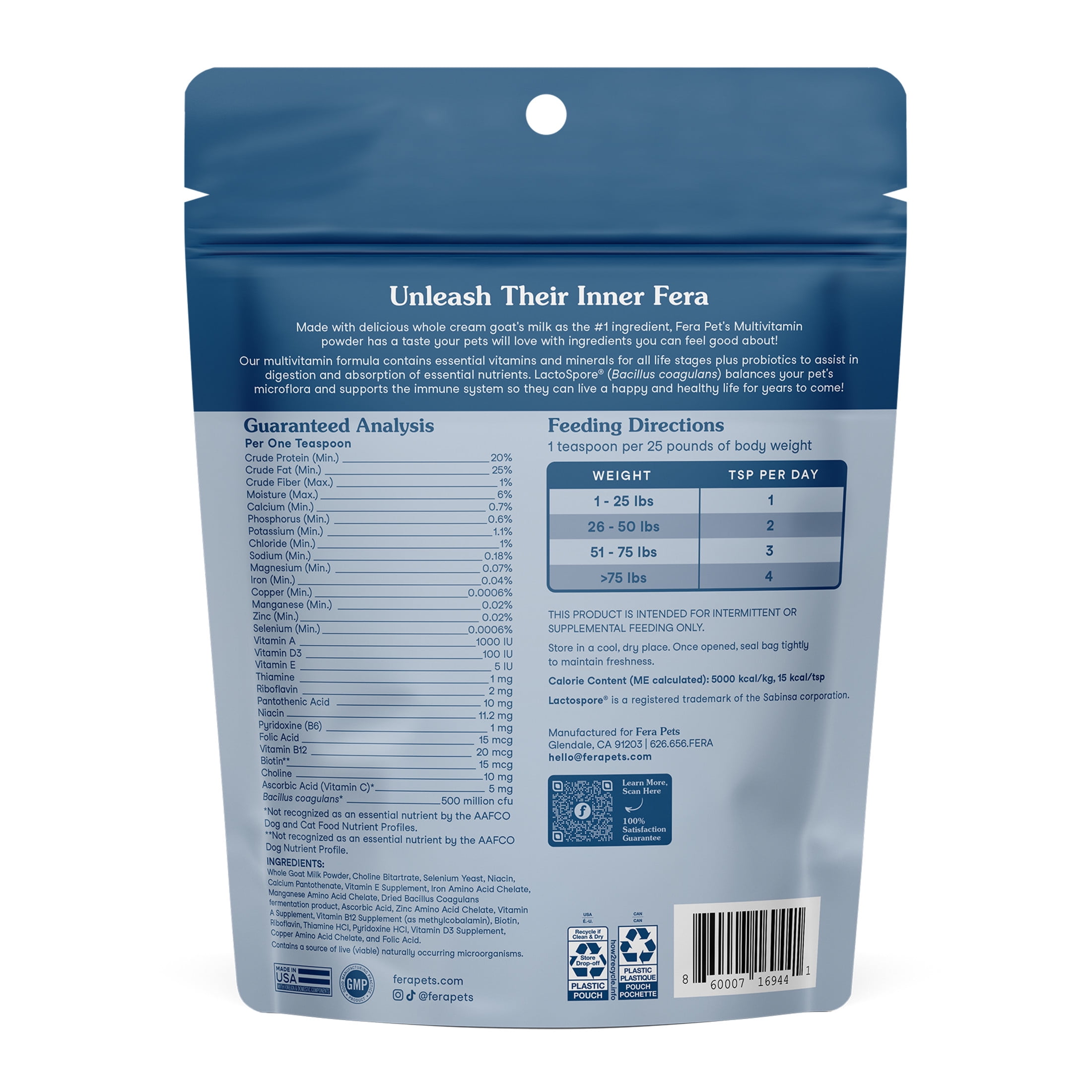 Fera Pets Dog & Cat Multivitamin Goat Milk Topper - With Probiotics - For Overall Wellness - 60 Servings
