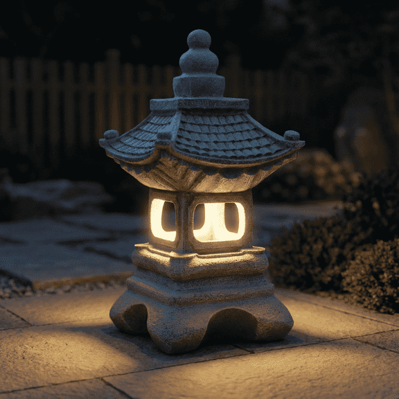 Lumiartisan 13.39in Resin Japanese Pagoda Solar Lantern Garden Statue, Gray