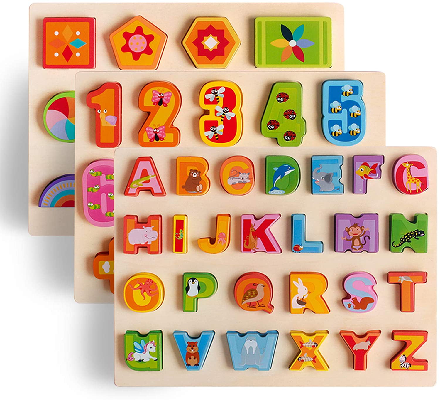Age 3+ 3 in 1 Puzzle for Toddlers UMTOY Wooden Puzzles for Toddlers Alphabet Number Shape Puzzles Toddler Learning Puzzle Toys for Kids boy and Girls Set 