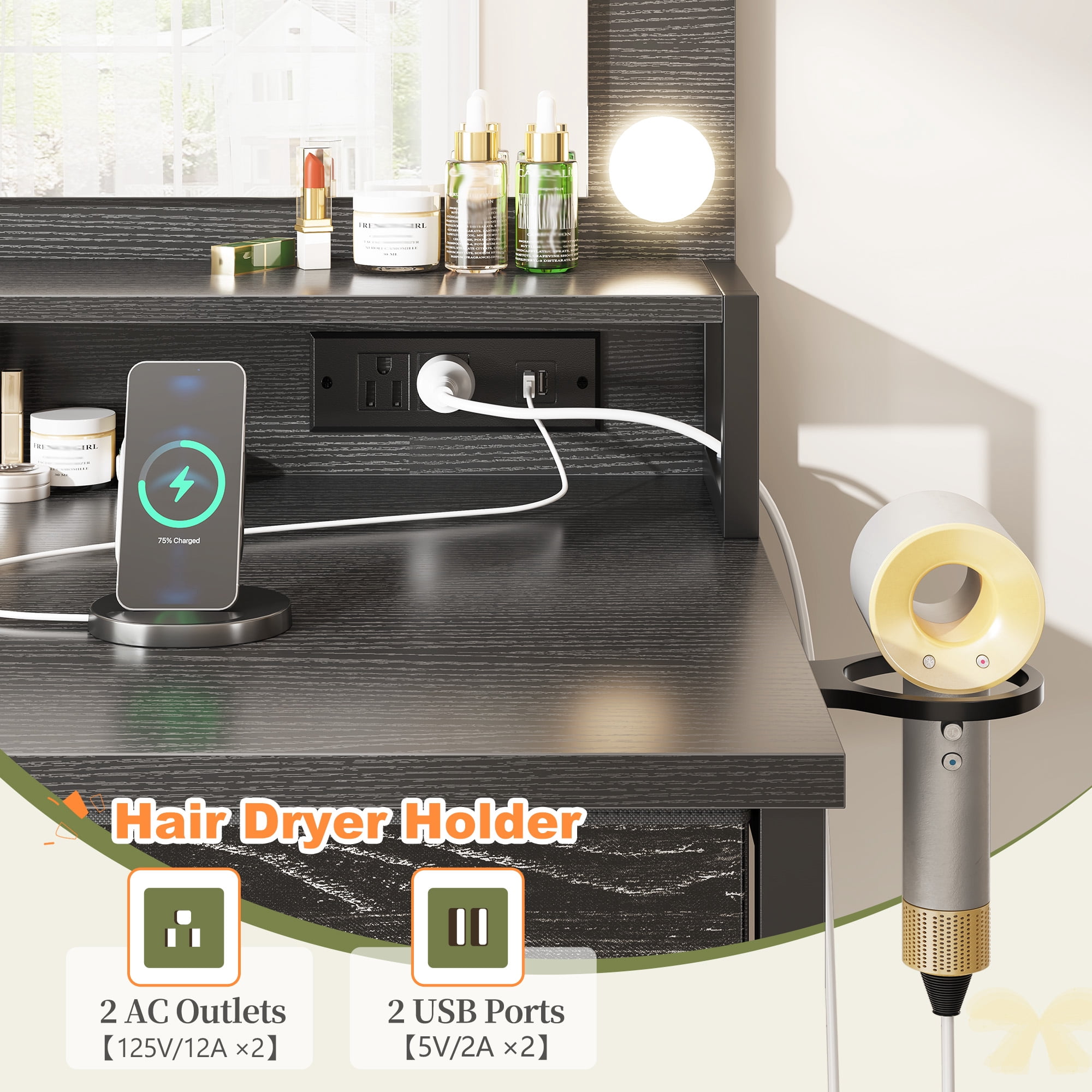 Romorgniz Vanity with Mirror and Lights Vanity Desk with 5 Drawers and Storage Shelves Makeup Dressing Table with Power Outlet & USB,Black