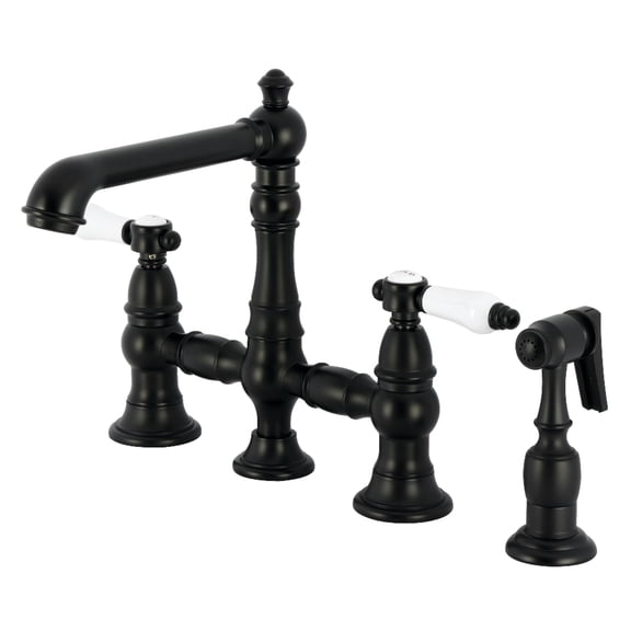 Kingston Brass KS7270BPLBS Bel-Air Two-Handle 4-Hole Deck Mount Bridge Kitchen Faucet with Brass Side Sprayer in Matte Black