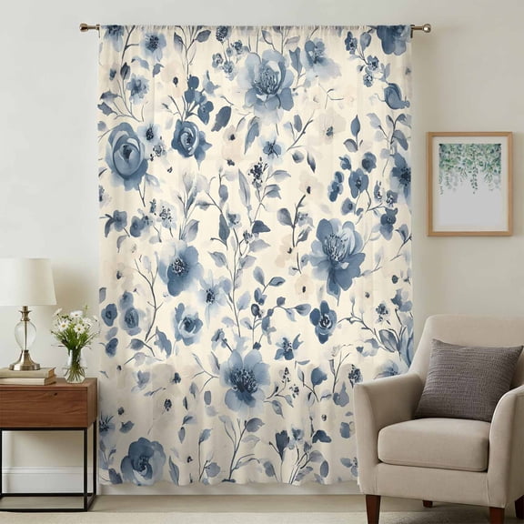 Botanicals Flower Sheer Curtains 96 Inches Long, Blue Wildflower Garden Motifs Floral Light Filering Curtains, Privacy Drapes Simi Floor to Veiling Curtain for Living Room Bedroom Window Treatment