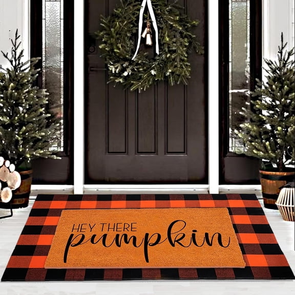Fall Decor Door Mat Combo Set, Hey There Pumpkin Welcome Doormat   28x43 Inches Orange Black Buffalo Plaid Rug Combo Set, Halloween Autumn Thanksgiving Front Porch Entryway Decor Floor Mats