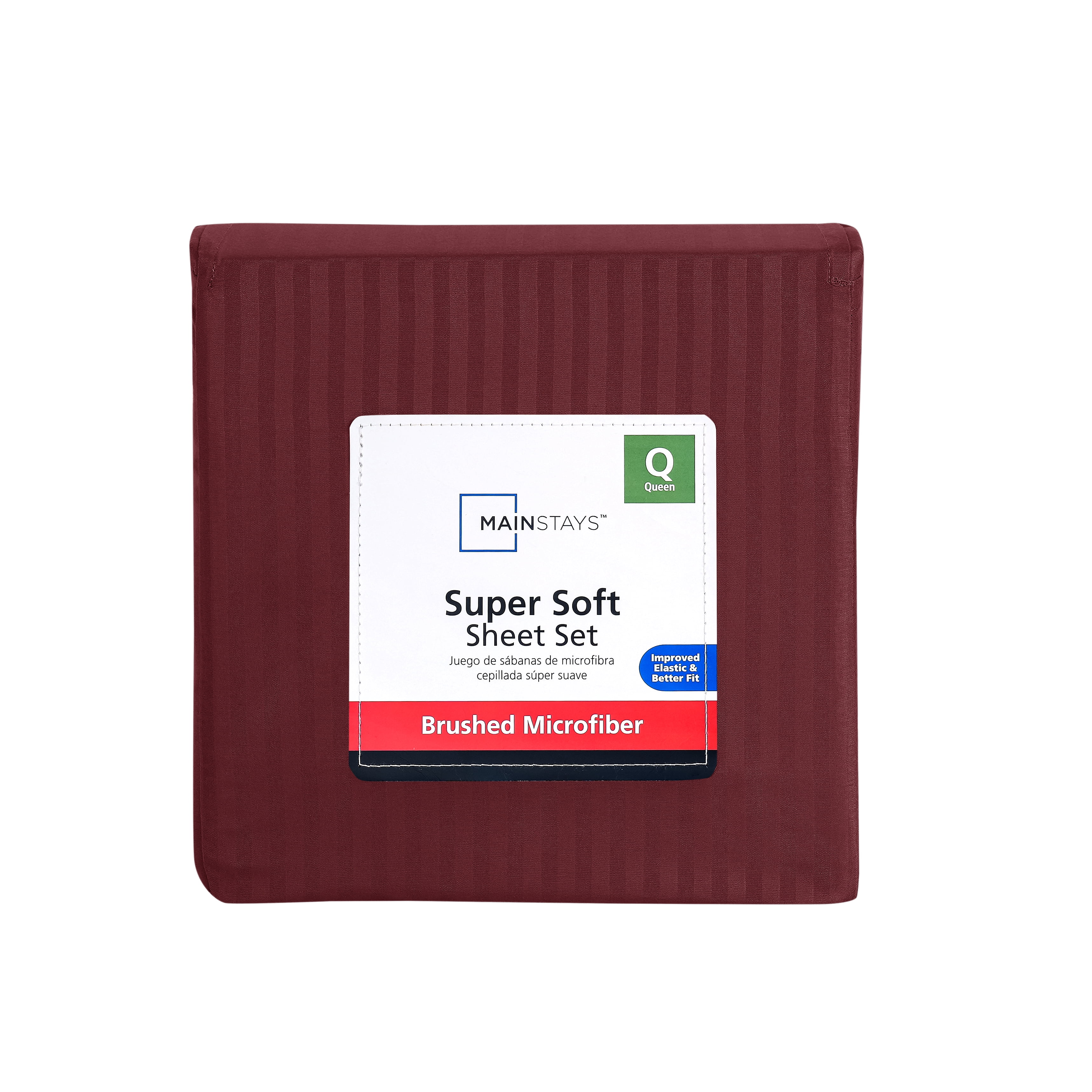 Mainstays Super Soft Brushed Microfiber Bed Sheet Set, Luscious Red Merlot Embossed Stripe, Queen, 4 Piece
