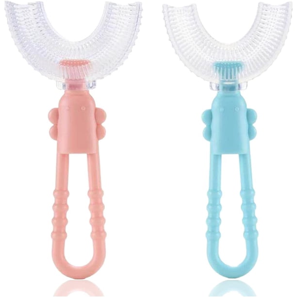 2pcs Cepillo de dientes para niños en forma de U, cepillo de dientes manual en forma de U de 360 ° Dientes limpios de boca entera, cepillo de dientes de entrenamiento manual suave para niños con cabezal de cepillo de sílice suave de grado alimenticio para 4-8 años (azul + rosa) oso de fresa Electrónica
