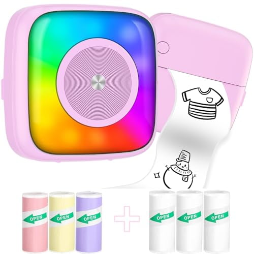 Mini impresora de pegatinas con 6 rollos de papel adhesivo, siete modos de iluminación de color para álbumes de recortes, viajes, notas, etiquetas y recordatorios. Compatible con iOS y Android.