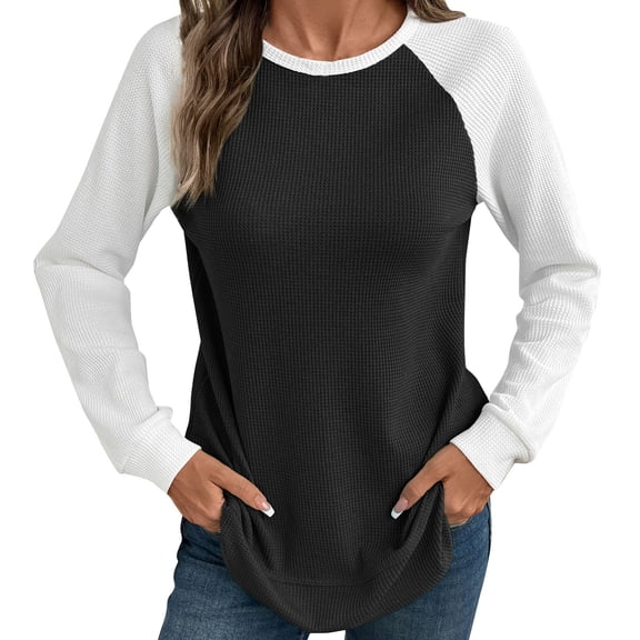 DHFJKG Long Sleeve Shirts For Women Waffle Crewneck Raglan Color Block Loose Fit Tunic Pullover Casual Daily Wear Cozy Tops