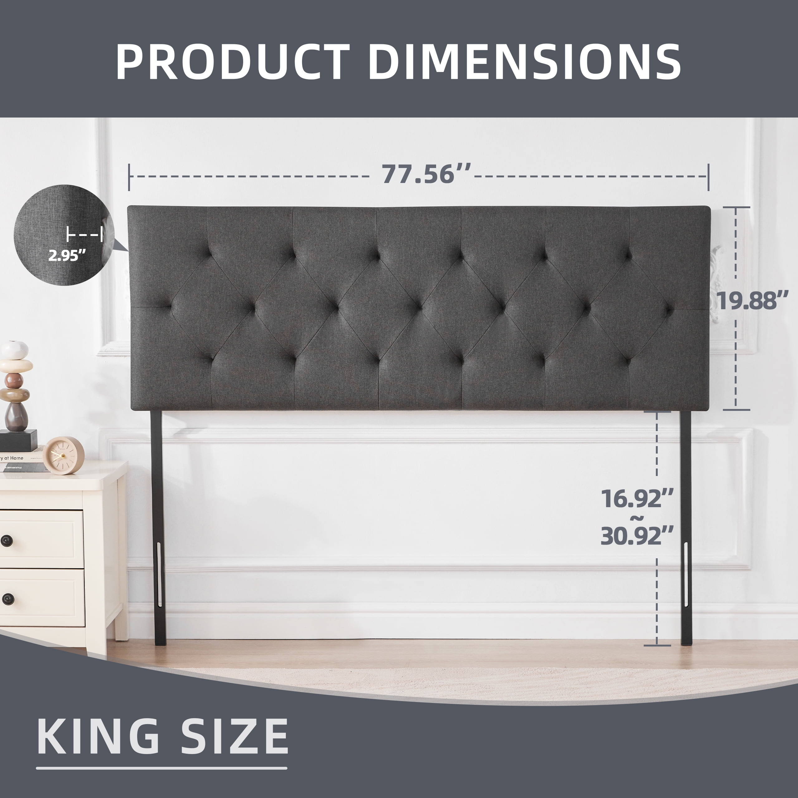 Weture Linen Upholstered King Size Headboard, Modern Panel, Dark Grey