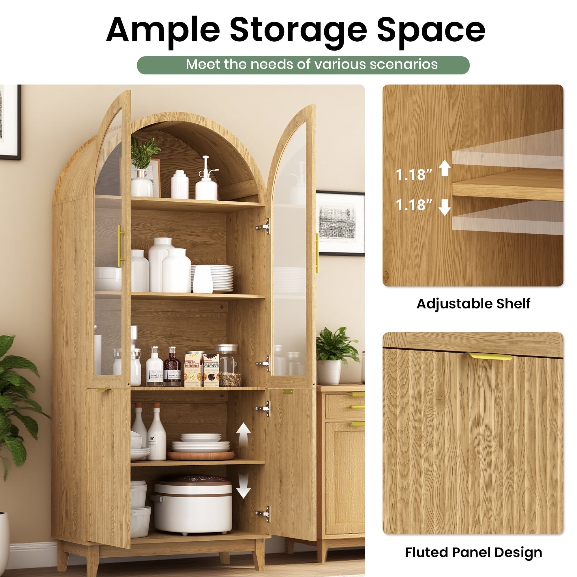 PamapicLife 71" Tall Arched Bookshelf, Farmhouse Display Cabinet with Adjustable Shelves & Glass Door