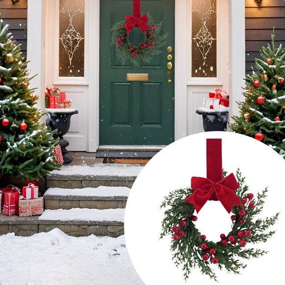 1PC Christmas Wreaths for Front Door, Christmas Kitchen Decor Mini Wreath with Artificial Red Berries and Ribbon Bow, Small Hanging Wreaths Reef for Cabinets Window Wall Holiday Decor