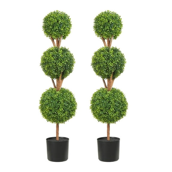 Artificial Topiaries Boxwood Trees (2 Pack), 48 Inch - Faux Plant with Planters, LED Lights, Replaceable Leaves, Indoor/Outdoor Garden Decor