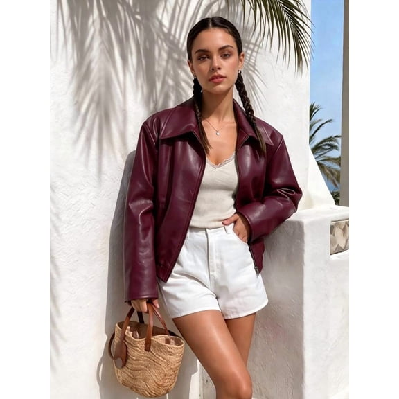 Women's Summer PU Leather Jacket, Windproof Moto Biker Coat With Lapel Collar, Zipper Closure, Elastic Hem, Loose Slim Fit, Casual Commuter Outerwear