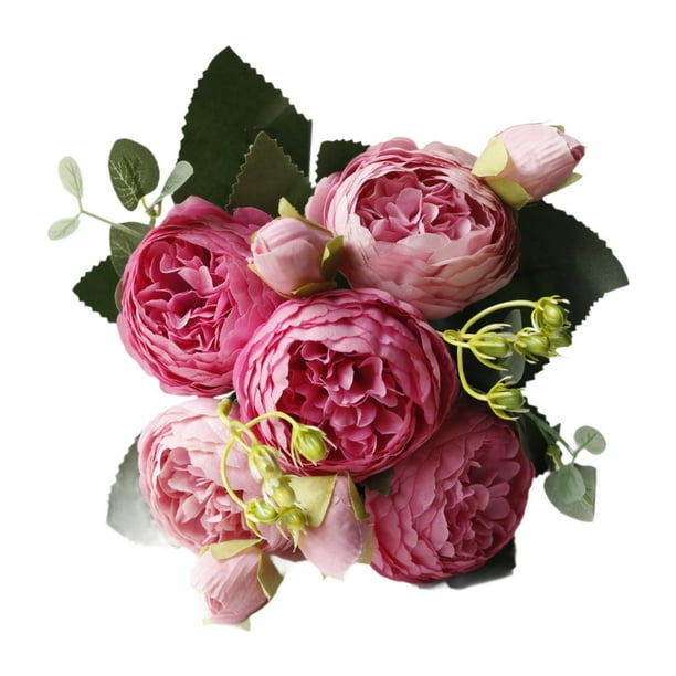 Ramo de rosas artificiales de imitación, elegantes rosas artificiales de 5 cabezas para interior Rosa rosa