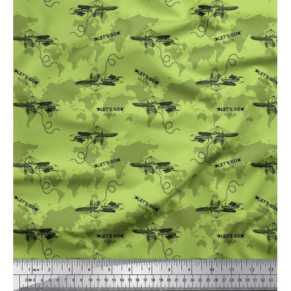 Soimoi Polyester Crepe Fabric Text,Airplane & Map Decor Fabric Printed Yard 52 Inch Wide