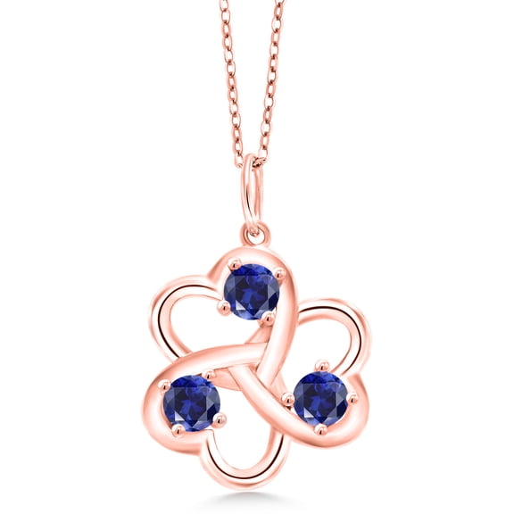 Gem Stone King 18K Rose Gold Plated Silver Blue Created Sapphire Pendant Necklace for Women | 0.75 Cttw | Gemstone September Birthstone | Round 4MM | With 18 inch Chain