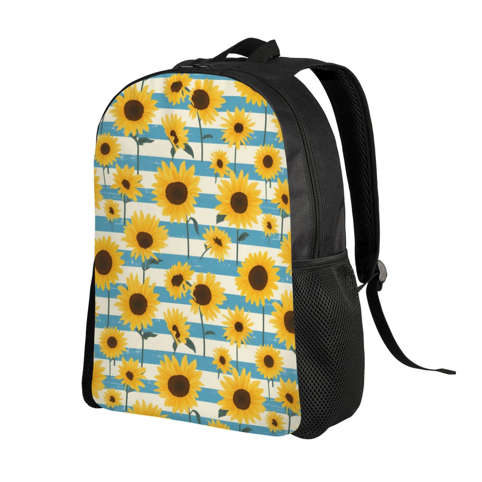 Xecao White Blue Striped Sunflower Print School Backpack with Laptop Compartment Small Travel Laptop Backpack for Women Men Waterproof College Backpack Simple School Bag