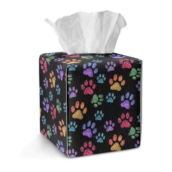 COEQINE PU Leather Square Tissue Box Cover, Snap Closure for Easy Refill & Storage, Universal Decorative Tissue Holder for Home Bedroom Car Office Desk, Gradient Colorful Paw Print