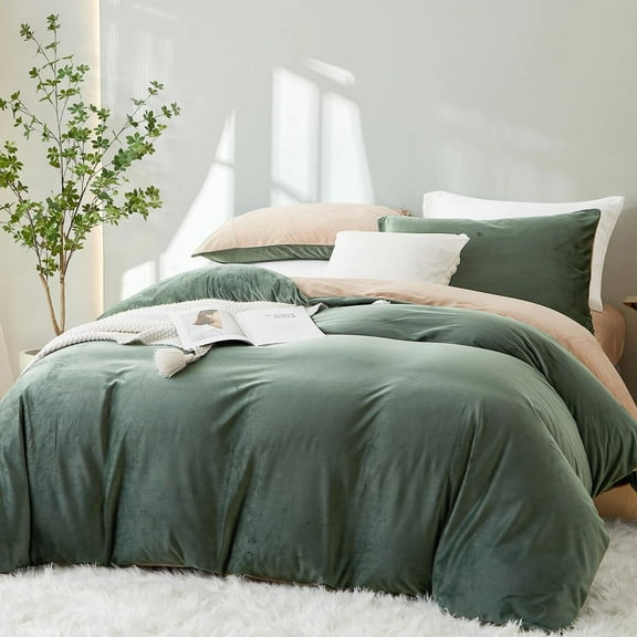 Duvet Cover Set Queen Size Bed Coffe Beige and Green Crushed Velvet Flannel Thick Bedding Sets with Zipper Closure Fleecy Warm Cozy Winter Quilt Cover
