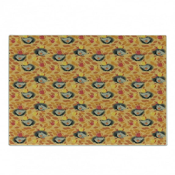 Hedgehog Cutting Board, Happy Hedgehog Characters and Apples in Autumn Forest Covered with Leaves, Decorative Tempered Glass Cutting and Serving Board, Small Size, Orange Coral Taupe, by Ambesonne