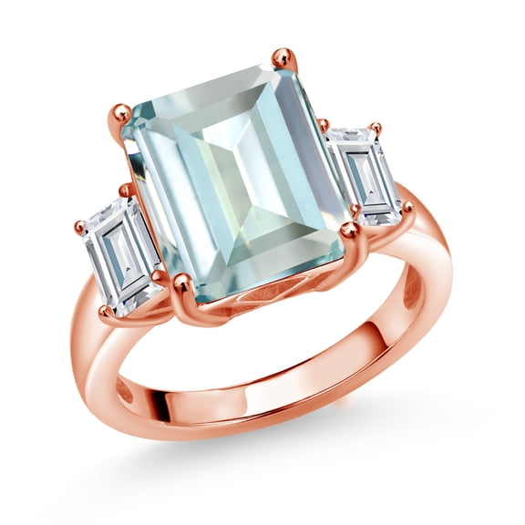 Gem Stone King 18K Rose Gold Plated Silver 3-Stone Ring Octagon Sky Blue Simulated Aquamarine and Moissanite (6.55 Cttw, Size 5)