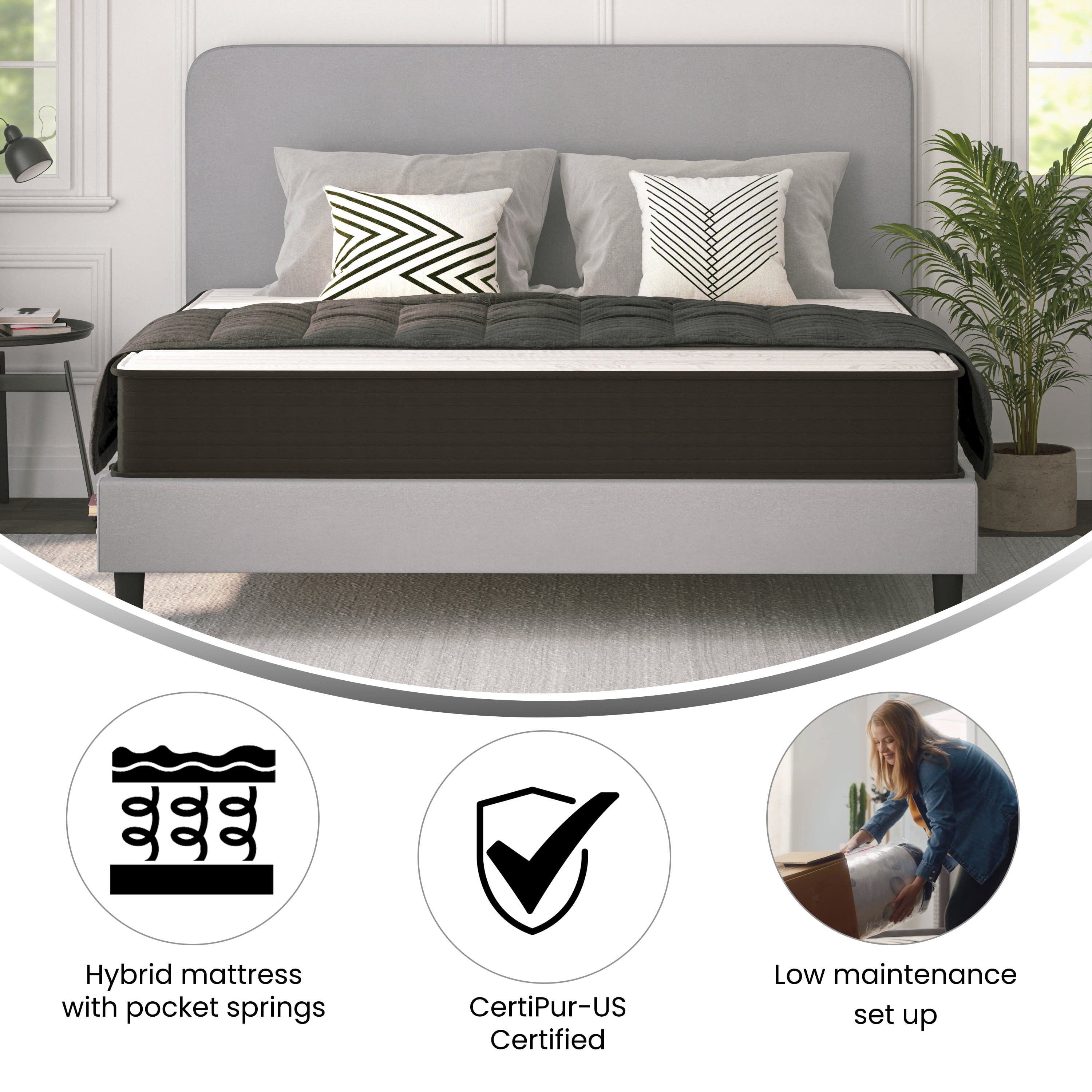 BizChair 10 Inch Hybrid Mattress, King Size High Density Foam and Pocket Spring Mattress in a Box, CertiPur-US Certified Foam, White/Black