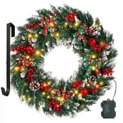 Juiluna 24" Snowflake Christmas Wreath with 15" Hanger for Front Door Pre-Lit Artificial Wreath LED Lights Winter Wreaths with 5 Bowknots,Pine Cones,Red Berries Christmas Decoration