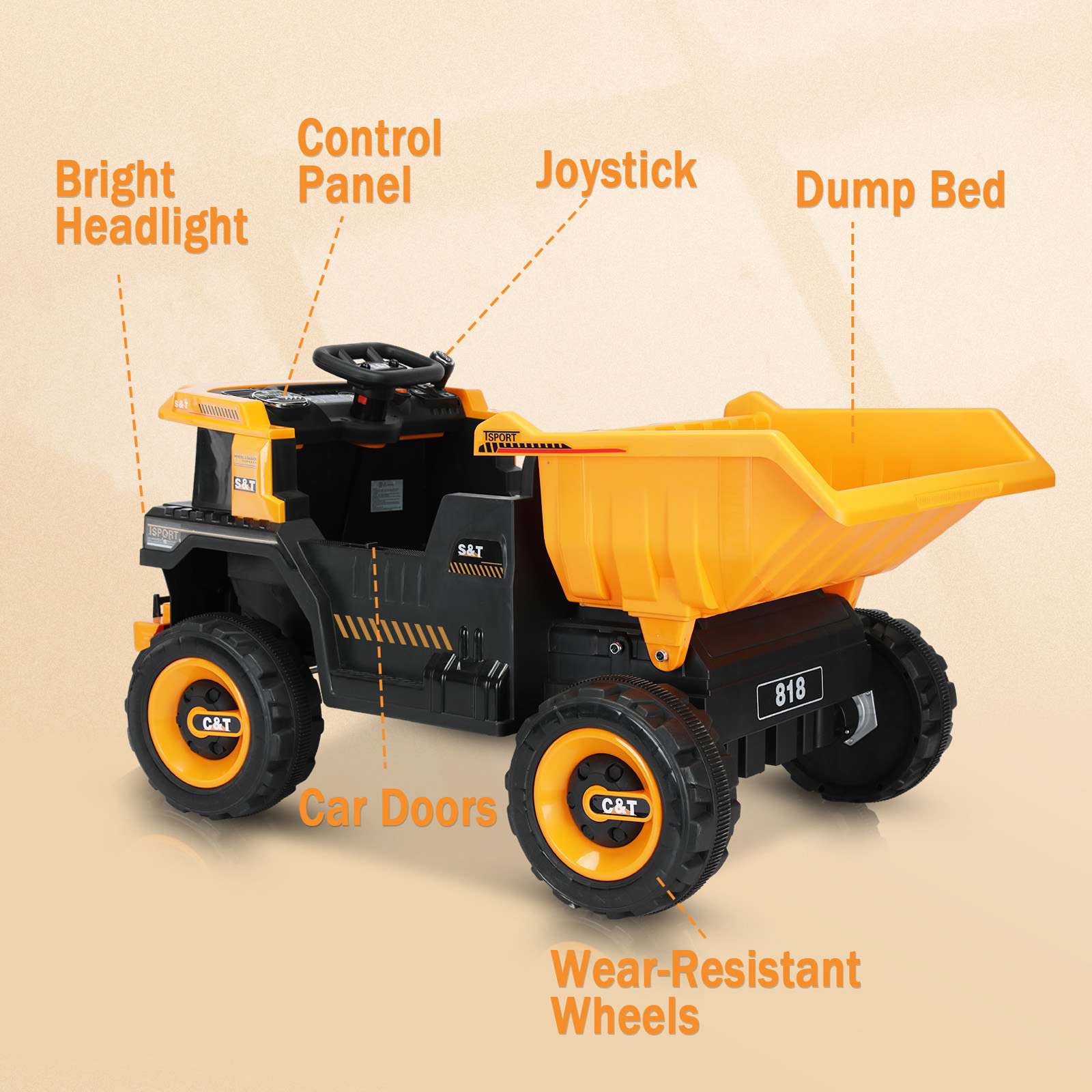 YUFU 12V Battery Kids Ride On Dump Truck RC Construction Tractor w/ Electric Bucket,Yellow